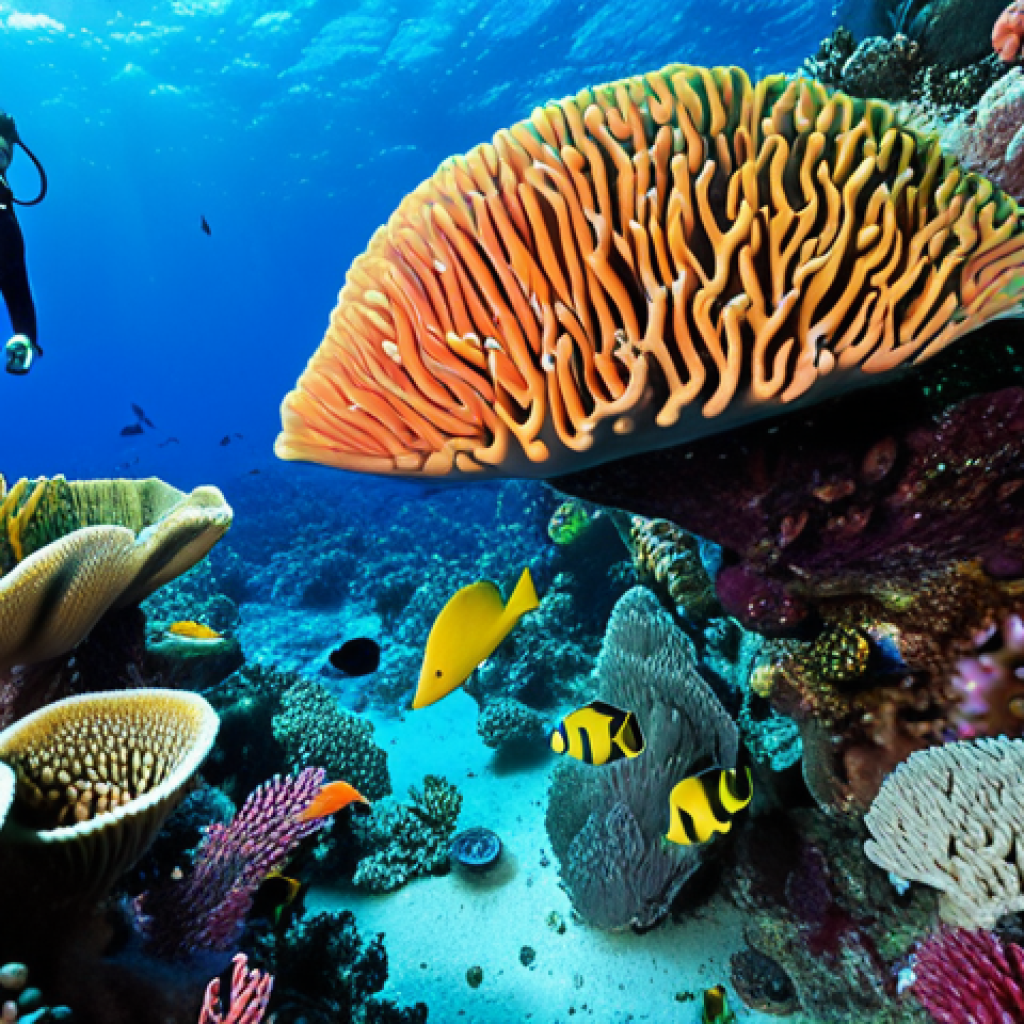 A vibrant underwater scene in Palau, showcasing colorful coral reefs, exotic fish, and a scuba diver exploring the depths. Focus on capturing the beauty and biodiversity of Palau's underwater world, reminiscent of diving at Blue Corner.