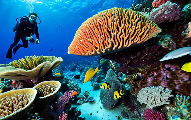 A vibrant underwater scene in Palau, showcasing colorful coral reefs, exotic fish, and a scuba diver exploring the depths. Focus on capturing the beauty and biodiversity of Palau's underwater world, reminiscent of diving at Blue Corner.