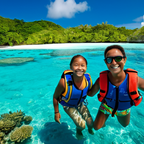 **

"A family enjoys snorkeling in the turquoise waters of Palau, surrounded by colorful coral reefs and exotic fish. They are fully clothed in modest swimwear, wearing life vests. Safe for work, appropriate content, perfect anatomy, natural proportions, professional family-friendly photograph, high quality."

**