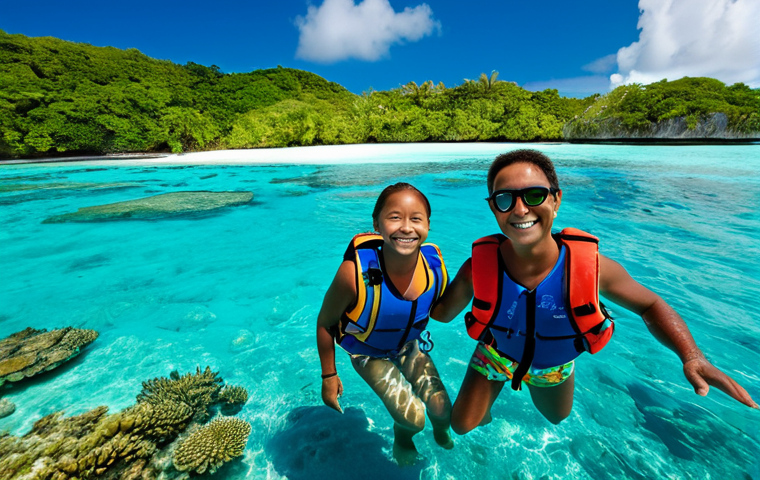**

"A family enjoys snorkeling in the turquoise waters of Palau, surrounded by colorful coral reefs and exotic fish. They are fully clothed in modest swimwear, wearing life vests. Safe for work, appropriate content, perfect anatomy, natural proportions, professional family-friendly photograph, high quality."

**