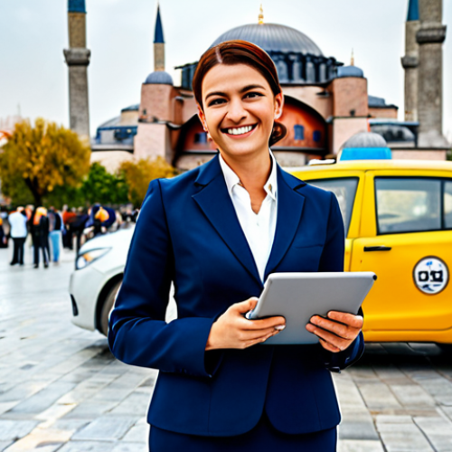 Businesswoman in Istanbul**

"A professional businesswoman in a modest, tailored business suit, standing in front of the Hagia Sophia in Istanbul, Turkey. She is holding a tablet and smiling confidently. The background includes the bustling city scene with yellow taxis and people in professional dress. Fully clothed, appropriate attire, safe for work, perfect anatomy, natural proportions, professional photography, high quality."

**