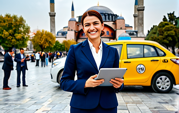Businesswoman in Istanbul**

"A professional businesswoman in a modest, tailored business suit, standing in front of the Hagia Sophia in Istanbul, Turkey. She is holding a tablet and smiling confidently. The background includes the bustling city scene with yellow taxis and people in professional dress. Fully clothed, appropriate attire, safe for work, perfect anatomy, natural proportions, professional photography, high quality."

**