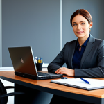 A professional businesswoman in a modest business suit, sitting at a desk in a modern office, fully clothed, appropriate attire, safe for work, perfect anatomy, natural proportions, professional photography, high quality.