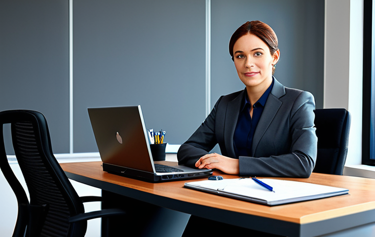 A professional businesswoman in a modest business suit, sitting at a desk in a modern office, fully clothed, appropriate attire, safe for work, perfect anatomy, natural proportions, professional photography, high quality.