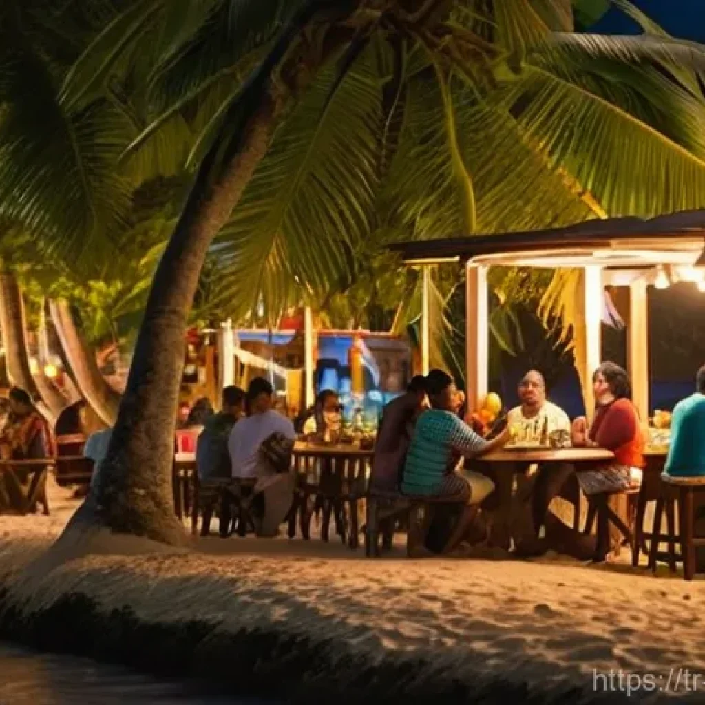 팔라우의 나이트라이프 및 바 문화 - **Lively Coastal Evening in Koror, Palau:**
"A vibrant and convivial evening scene at a beachfro...