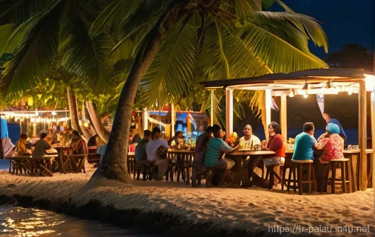 팔라우의 나이트라이프 및 바 문화 - **Lively Coastal Evening in Koror, Palau:**
"A vibrant and convivial evening scene at a beachfro...