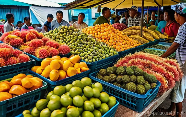 팔라우 현지 음식 추천 - **Vibrant Palau Market Feast:** "A bustling and colorful open-air market in Koror, Palau, alive with...