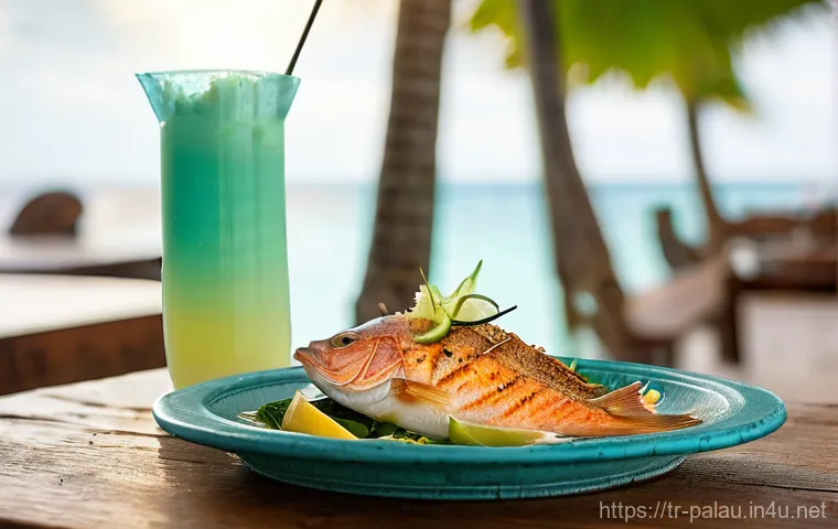 팔라우 현지 음식 추천 - **Vibrant Palau Market Feast:** "A bustling and colorful open-air market in Koror, Palau, alive with...