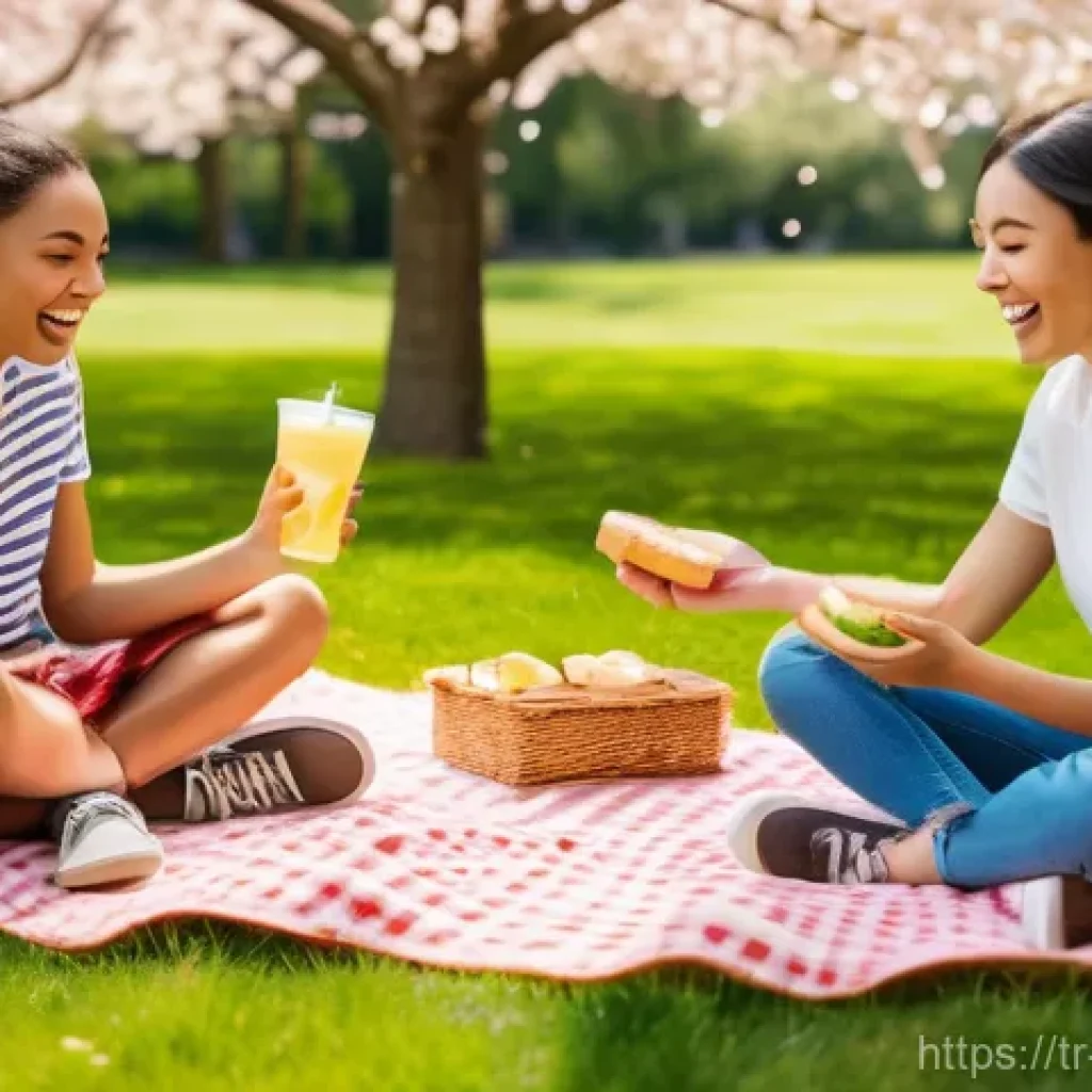 팔라우에서 인기 있는 직업 - A joyful group of friends, diverse in ethnicity and age (early 20s), are having a picnic in a vibran...