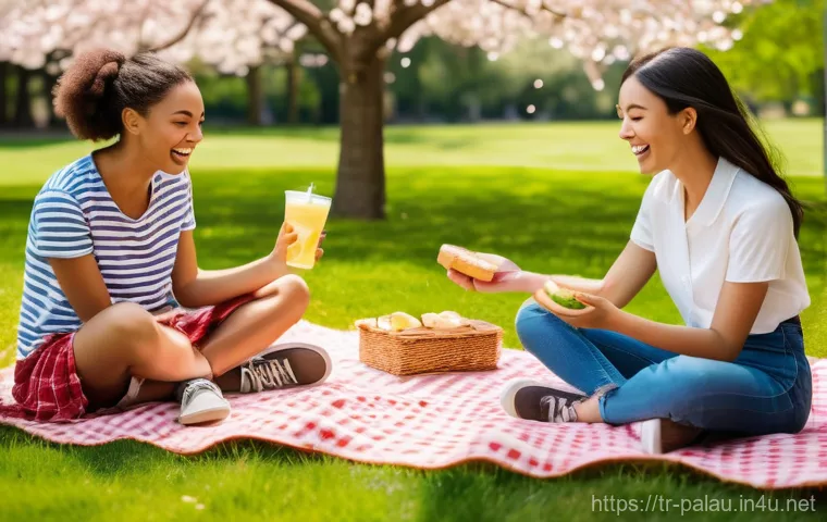 팔라우에서 인기 있는 직업 - A joyful group of friends, diverse in ethnicity and age (early 20s), are having a picnic in a vibran...