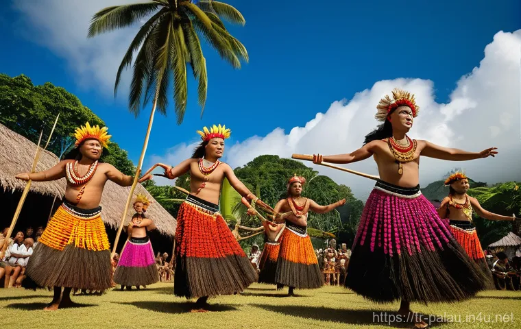 팔라우 전통 춤과 음악 - Image Prompt 1: The Rhythmic Heart of Palau - A Festival Dance** 팔라우 전통 춤과 음악 - Image Prompt 1: The Rhythmic Heart of Palau - A Festival Dance**