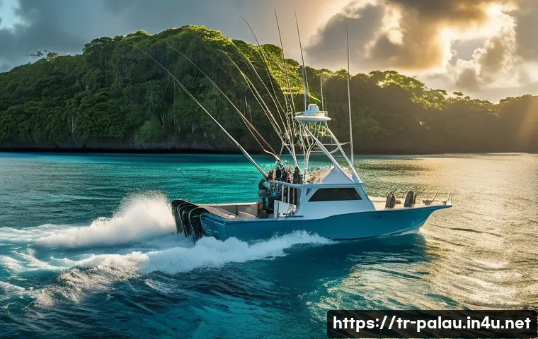 팔라우에서 낚시 가능 여부 - A thrilling and vibrant scene depicting a skilled angler on a modern fishing vessel in the pristine,...